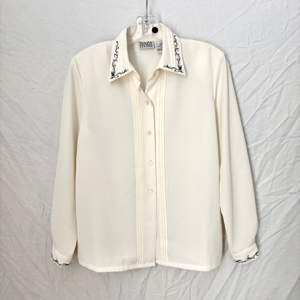 Vintage Long Sleeve Blouse Womens 4 Ivory Green Button Up Embroidered Beaded